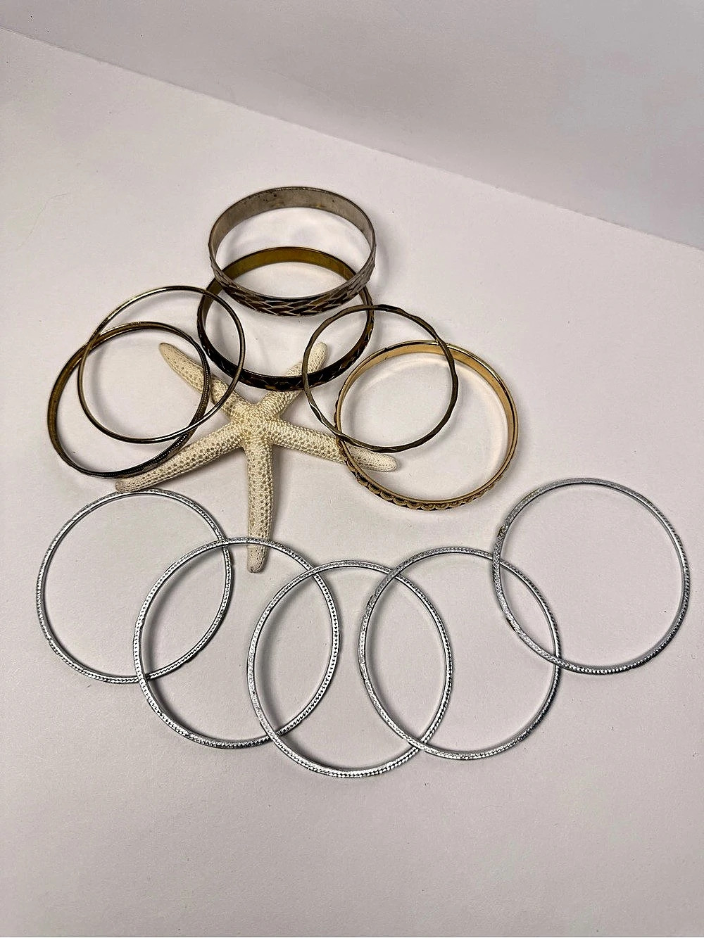 Mixed Metal Bangle Bracelet Lot 11 Pc Vintage Gold Silver Tone Stack